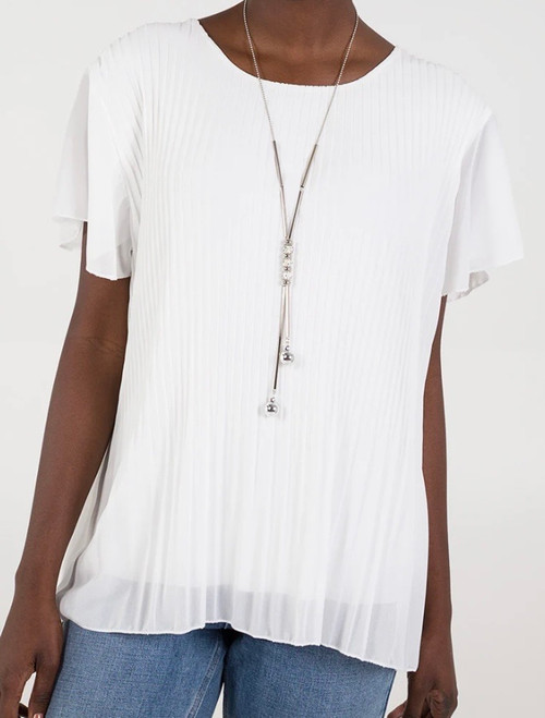 MADE IN ITALY WHITE PLEATED CHIFFON SHORT SLEEVE TOP WITH NECKLACE- One size fits 10-18