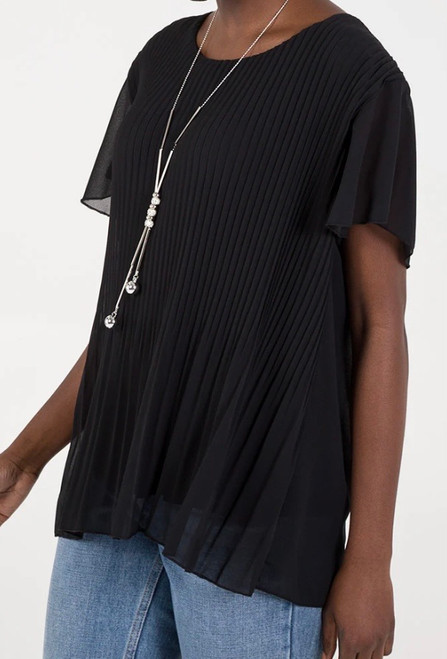 MADE IN ITALY BLACK PLEATED CHIFFON SHORT SLEEVE TOP WITH NECKLACE- One size fits 10-18