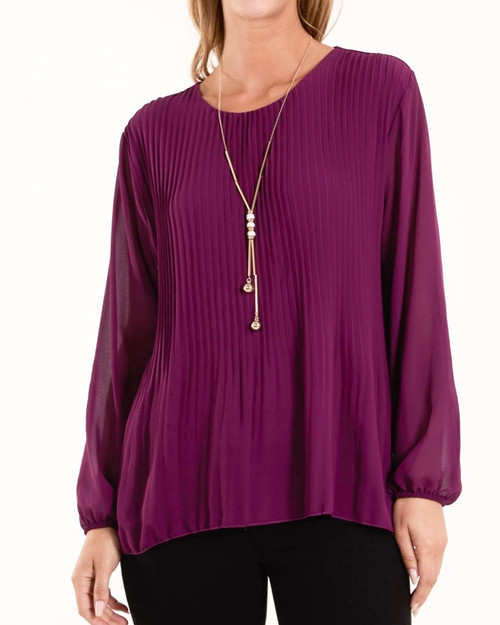 MADE IN ITALY AUBERGINE PURPLE PLEATED CHIFFON LONG SLEEVE TOP WITH NECKLACE- One size fits 10-18