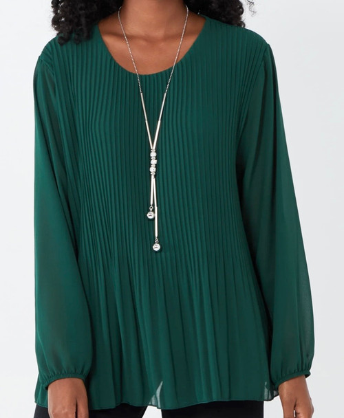 MADE IN ITALY FOREST GREEN PLEATED CHIFFON LONG SLEEVE TOP WITH NECKLACE- One size fits 10-18