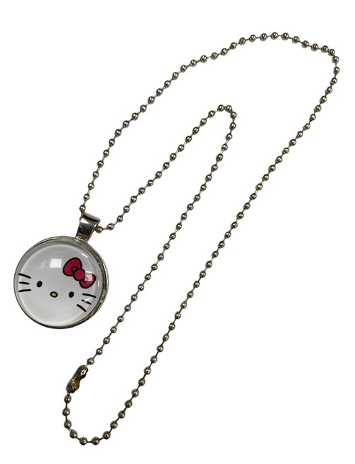 HELLO KITTY WHITE FACE ROUND CABACHON PENDANT BALL CHAIN SILVER ALLOY NECKLACE 