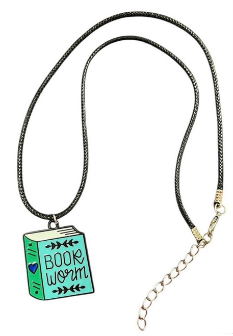 BOOKWORM BLUE BOOK ENAMEL PENDANT BLACK WAX CORD NECKLACE