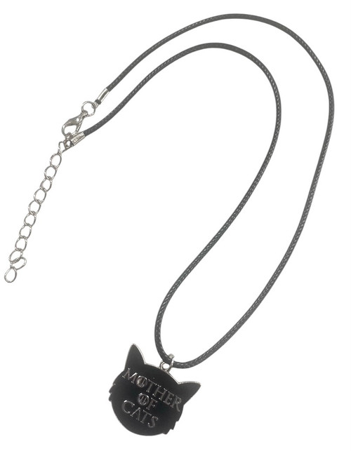 Mother of cats, cat face, black enamel pendant wax cord necklace