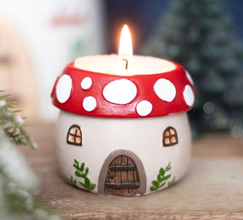 RED & WHITE TOADSTOOL MUSHROOM HOUSE RESIN TEALIGHT HOLDER