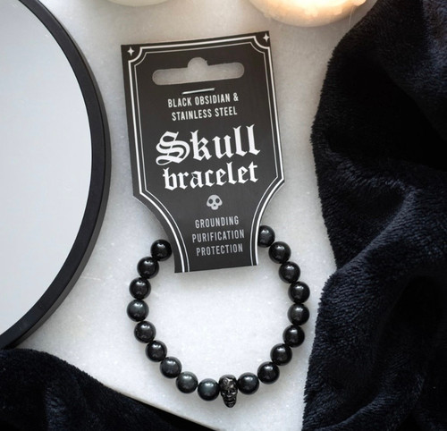 BLACK OBSIDIAN SKULL BRACELET protection, grounding, and the absorption of negative energy  