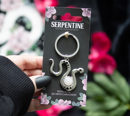 SERPENTINE SNAKE KEYRING WITH ROSE QUARTZ CRYSTAL