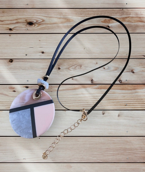 STATEMENT LARGE ACRYLIC GEO DISC PENDANT BLACK CORD NECKLACE