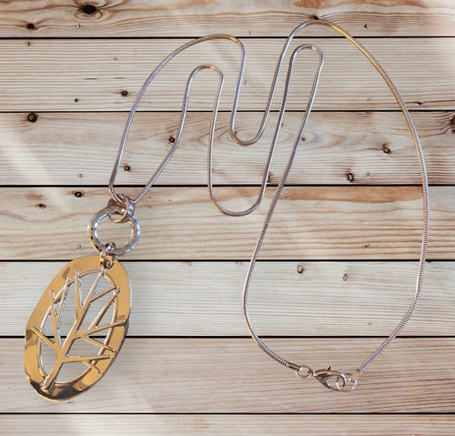 Large oval hammered gold Tree design long lagenlook necklace