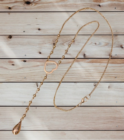 Long lagenlook gold alloy elegant heart charm necklace