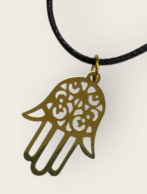 Small cutout darl aged gold Hamsa charm on black wax cord necklace Small cutout darl aged gold Hamsa charm on black wax cord necklace