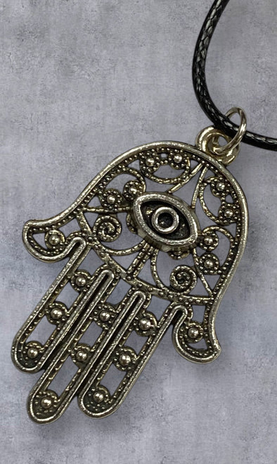 Large filigree Hamsa hand antique silver pendant on wax cord necklace Large filigree Hamsa hand antique silver pendant on wax cord necklace
