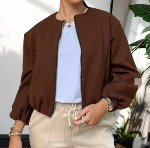 Made In Italy Chocolate Brown Soft Zip Thru Bomber Jacket - Onesize Fits UK 10-16