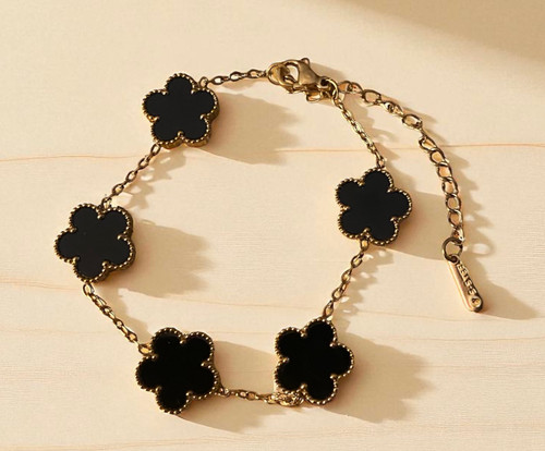 Designer inspired gold stainless steel clover bracelet with black centres