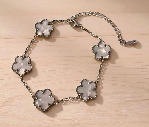 Designer inspired silver stainless steel clover bracelet with white centres