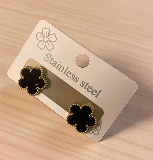 Designer Inspired 4 Leaf Clover Gold Stainless Steel & Black Enamel Stud Post Earrings