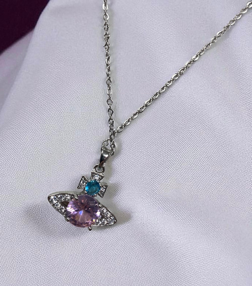 Pink & blue inset crystal silver stainless steel Orb pendant on 40cm fine necklace
