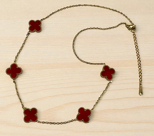 Designer Inspired Gold & Red 4 Leaf Clover Stainless Steel 40cm Necklace (Style 85)