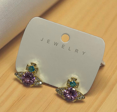 Gold alloy Orb stud post earrings with pink, blue & clear crystals