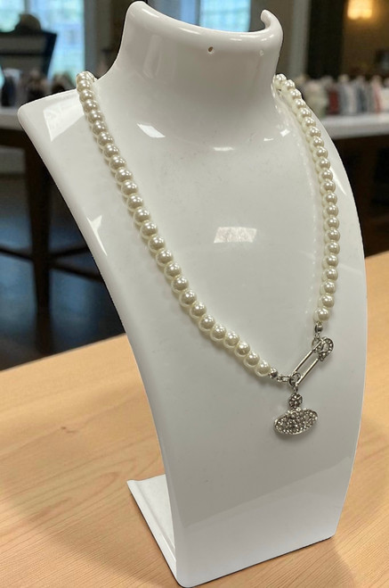 Faux pearl off white bead necklace with silver safety pin & Orb crystal charms