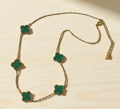 Designer Inspired Gold & Green 4 Leaf Clover Stainless Steel 40cm Necklace 