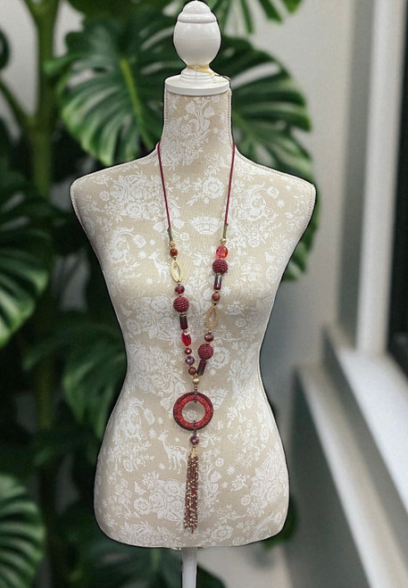 Statement lagenlook long necklace in reds with multi bead & charm chain & disc tassel pendant (style 87)