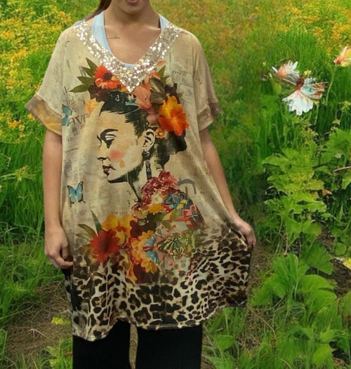 Sand Frida print luxe sequin v neck knee length smock dress - fits UK 12-20 Sand Frida print luxe sequin v neck knee length smock dress - fits UK 12-20