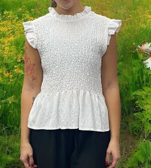 White Shirred Ruffle Trim Peplum Top With Keyhole Fastening  - Onesize Fits UK 8-14