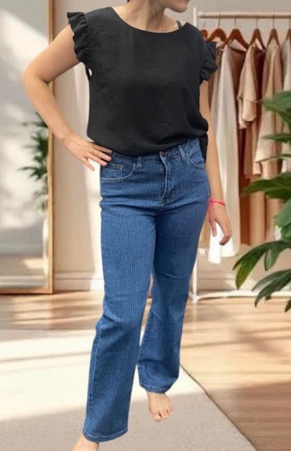 VOGGO BLUE DENIM FINE STRIPE WIDE LEG JEANS - SIZES 8-16 VOGGO BLUE DENIM FINE STRIPE WIDE LEG JEANS - SIZES 8-16