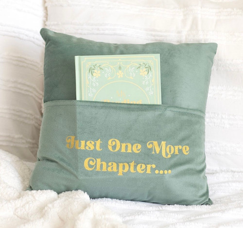 SAGE GREEN VELVET JUST ONE MORE CHAPTER CUSHION WITH BOOK POCKET