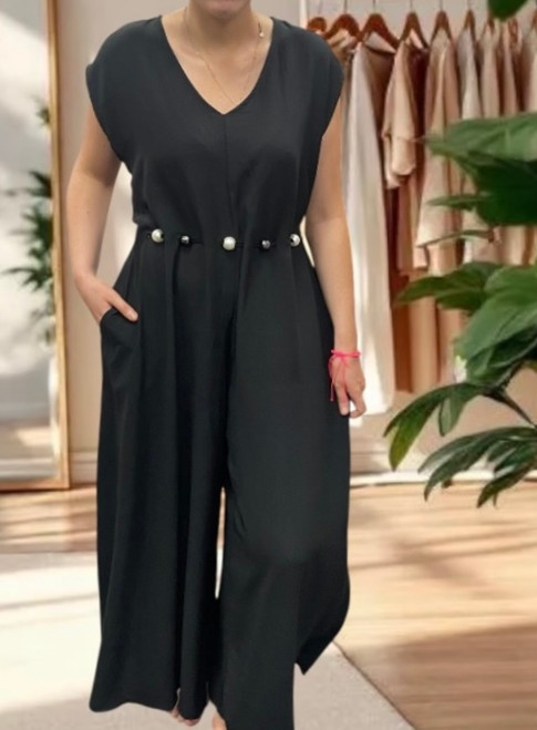 MADE IN ITALY BLACK PEARL BELT WIDE LEG V NECK JUMPSUIT - onesize fits 8-20