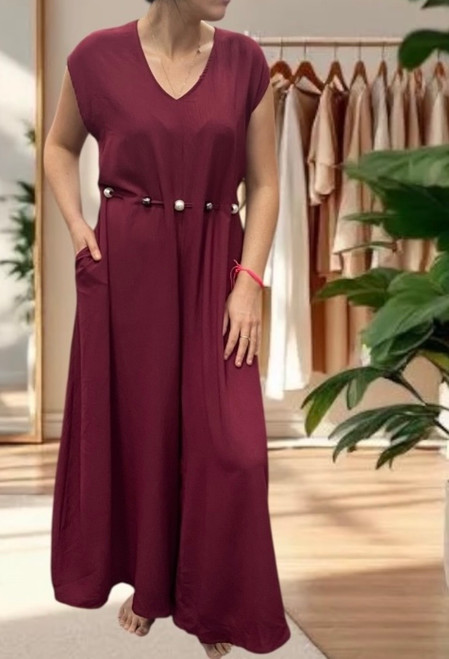 MADE IN ITALY WINE PEARL BELT WIDE LEG V NECK JUMPSUIT - onesize fits 8-20 MADE IN ITALY WINE PEARL BELT WIDE LEG V NECK JUMPSUIT - onesize fits 8-20