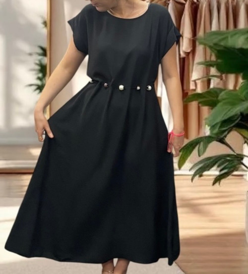 MADE IN ITALY Black Pearl Tie Waist Long A Line Dress With Cap Sleeves One Size 8-20 MADE IN ITALY Black Pearl Tie Waist Long A Line Dress With Cap Sleeves One Size 8-20