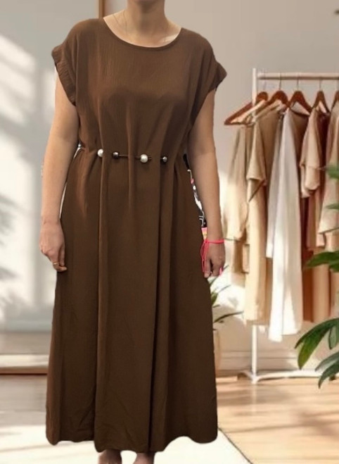 MADE IN ITALY Chocolate Brown Pearl Tie Waist Long A Line Dress With Cap Sleeves One Size 8-20 MADE IN ITALY Chocolate Brown Pearl Tie Waist Long A Line Dress With Cap Sleeves One Size 8-20