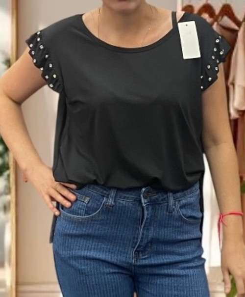 Made In Italy Crystal Ruffle Cap Sleeve Slouchy Black Top - T-shirt One Size Fits UK 8-18