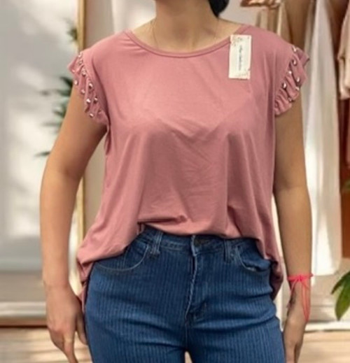 Made In Italy Crystal Ruffle Cap Sleeve Slouchy Dusky Blush Pink Top - T-shirt One Size Fits UK 8-18