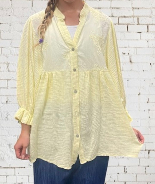 Super Soft Lemon Yellow Boho Cheesecloth & Broderie Anglaise Smock Top - Onesize Fits 8-16 Super Soft Lemon Yellow Boho Cheesecloth & Broderie Anglaise Smock Top - Onesize Fits 8-16