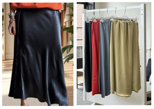 DIVERSE ITALIAN Super soft stretch satin a-line pull on midi skirt - black, silver, gold or cherry red - onesize fits UK 8-14