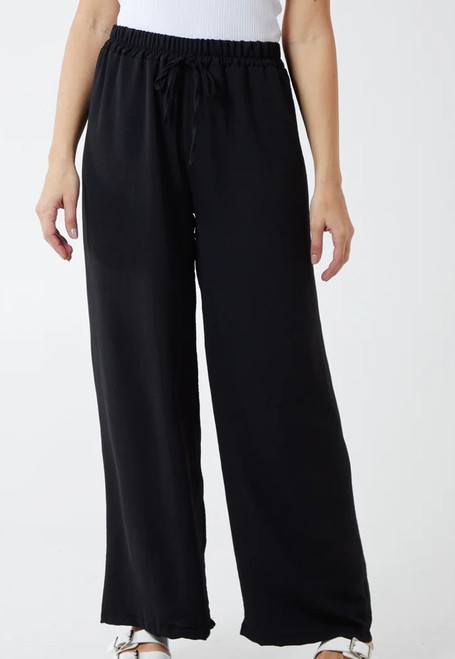 Diverse Italian Black Viscose Drawstring Wide Leg Trousers With Pockets - One Size Fits 10-16
