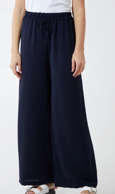 Diverse Italian Dark Navy Blue Viscose Drawstring Wide Leg Trousers With Pockets - One Size Fits 10-16