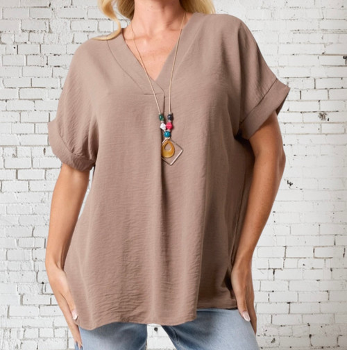 Diverse Italian Taupe V Neck Smock Top With Necklace One Size Fits 10-16