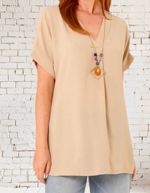 Diverse Italian Sand V Neck Smock Top With Necklace One Size Fits 10-16