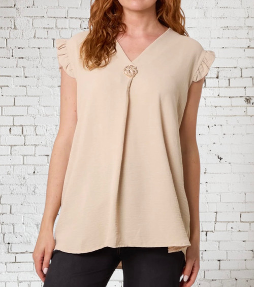 Diverse Italian Beige Sleeveless Ruffle Trim Top With Removable Gold Circle Brooch - One Size Fits 10-18