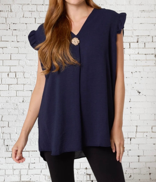 Diverse Italian Dark Navy Blue Sleeveless Ruffle Trim Top With Removable Gold Circle Brooch - One Size Fits 10-18