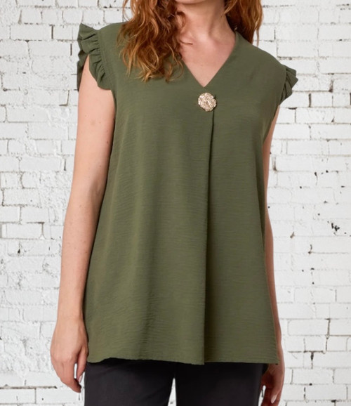 Diverse Italian Khaki Green Sleeveless Ruffle Trim Top With Removable Gold Circle Brooch - One Size Fits 10-18