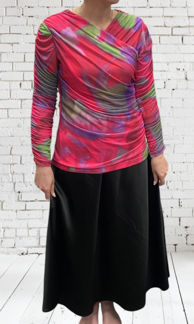 Diverse Italian Luxe Hot Pink Mix Blurred Abstract  Print Mesh Ruched Crossover Top - To Fit UK 8-14