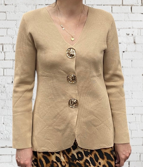 ENZORIA Sand Beige Fine Knit Fitted V Neck Gold Button Front Long Sleeved Top - Onesize Fits UK 8-14