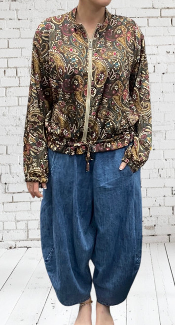 Diverse Italian Brown Paisley Print Satin Bomber Shirt / Jacket - One Size Fits 8-16
