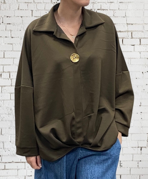 Chocolate Brown Made In Italy Oversized Twist Hem Collared Dip Back Sweat Top - Onesize Fits 12-24 Chocolate Brown Made In Italy Oversized Twist Hem Collared Dip Back Sweat Top - Onesize Fits 12-24
