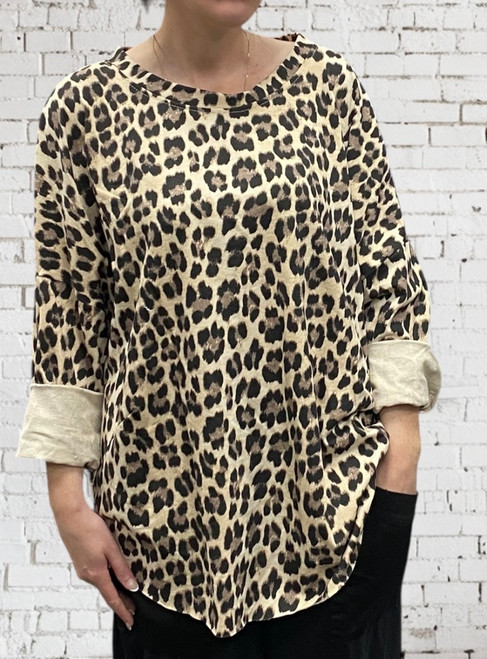 Studio Italian Beige Leopard Animal Print Relaxed Sweatshirt Top - One Size Fits 10-18