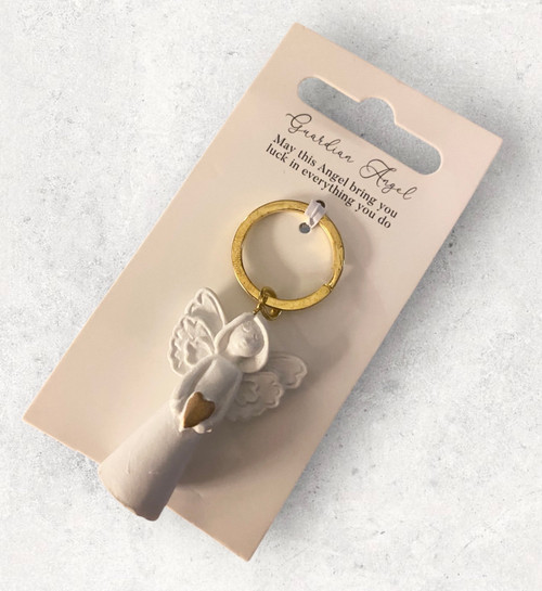 ‘May This Angel Bring You Luck’ Guardian Angel White & Gold Keyring